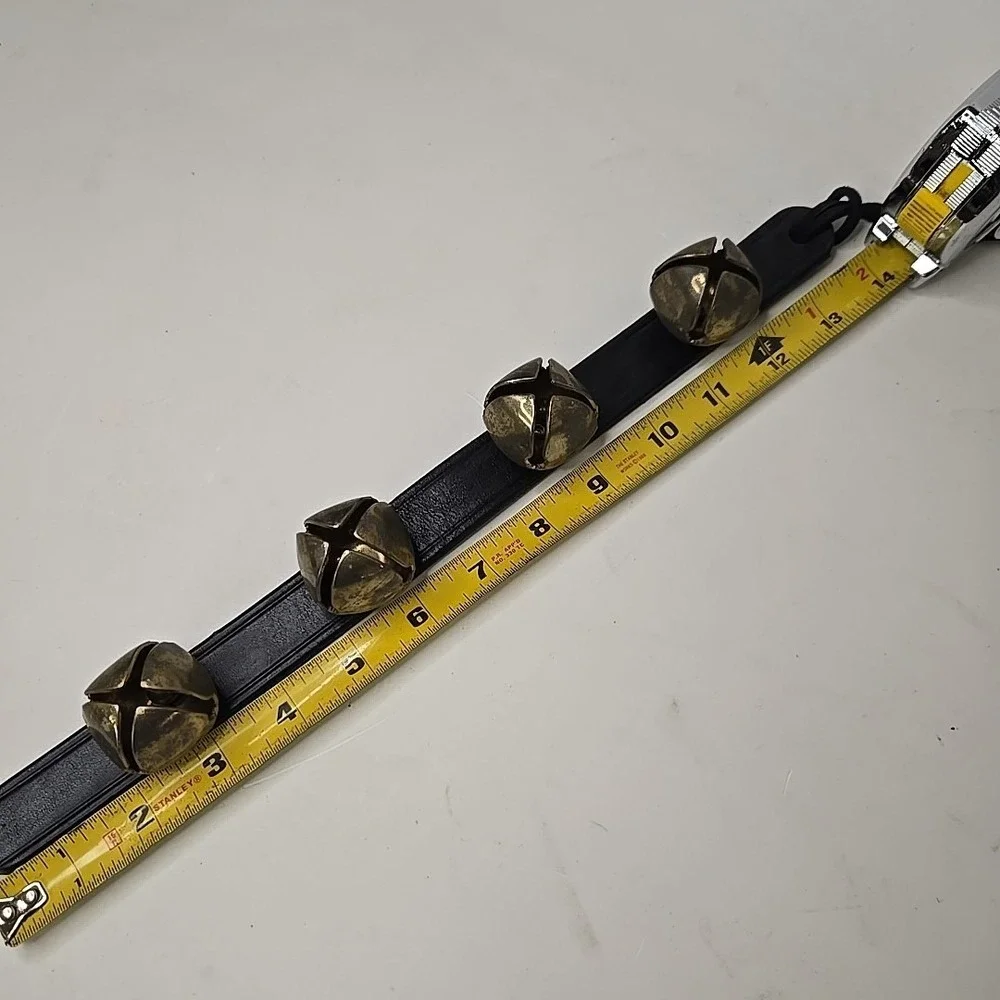 4-Bell Sleigh Bells, Antiqued‎ Brass Bells on Black Leather Strap, Handmade 14